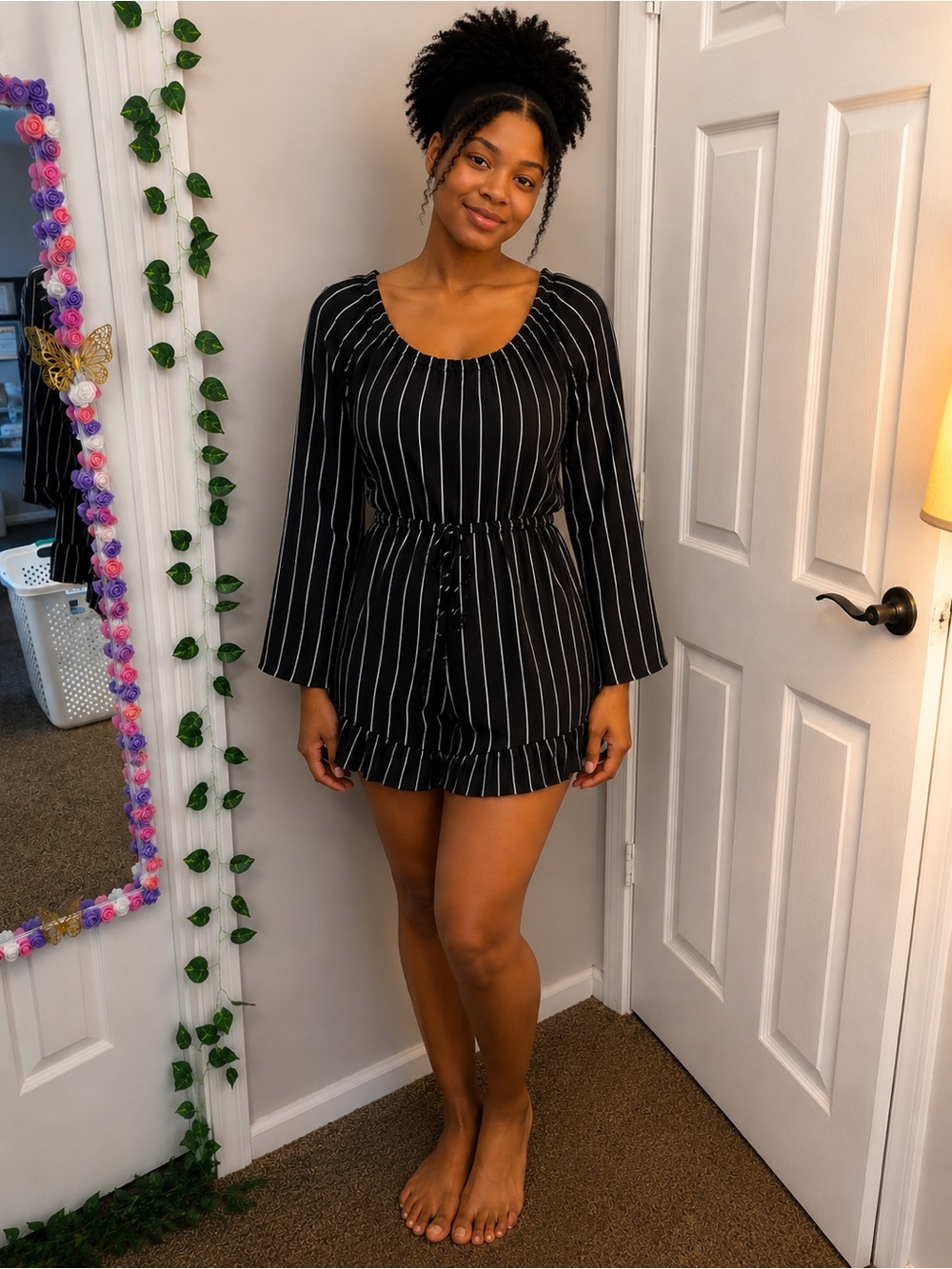 SHEIN Black & White Pinstripe Long-Sleeve Tie-Waist Romper